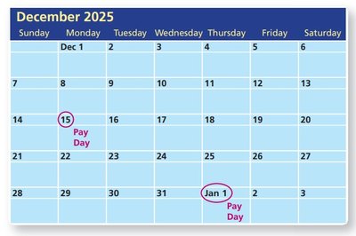 December calendar showing paydays
