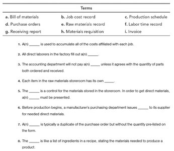 Job Cost Key Terms Exercise