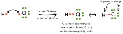 Lewis structure for HCl showing partial charges