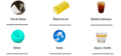 Ejemplos de sustancias: sal de mesa, barra de oro, bebida gaseosa, slime, nube, agua y aceite