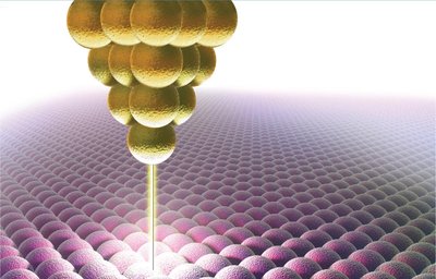 Scanning tunneling microscope tip approaching a surface of atoms