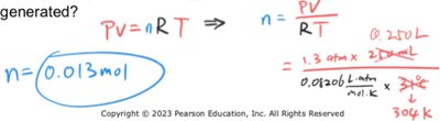 Calculation of moles using PV=nRT