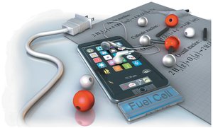 A smartphone powered by a fuel cell, illustrating the conversion of chemical energy to electrical energy
