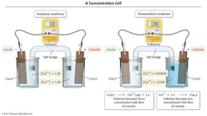 Concentration cell under standard and nonstandard conditions, showing ion movement and electron flow