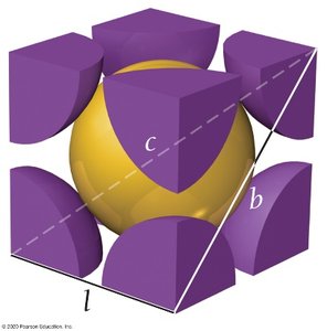 Body-centered cubic unit cell with diagonal labeled c