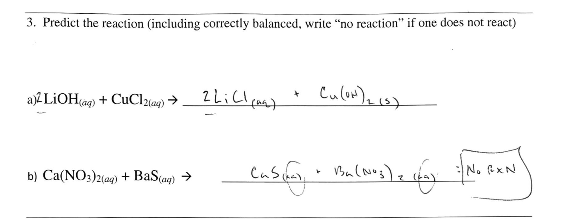 Handwritten double displacement reactions and balancing
