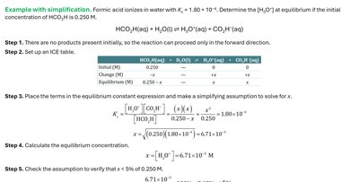 ICE table and calculation for formic acid equilibrium with simplifying assumption
