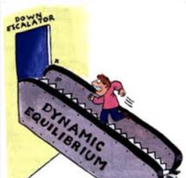 Dynamic equilibrium cartoon: person running up a down escalator