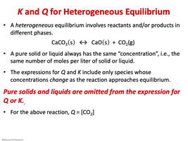 Slide explaining K and Q for heterogeneous equilibrium