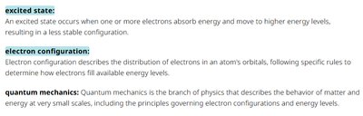Definitions of excited state, electron configuration, quantum mechanics