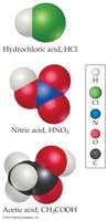 Molecular models of hydrochloric acid, nitric acid, and acetic acid