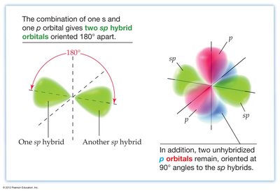 sp hybridization: two sp hybrid orbitals oriented 180 degrees apart