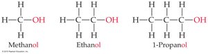 Alcohols: methanol, ethanol, 1-propanol