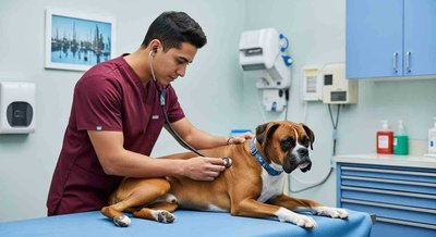 Veterinary technician examining a dog's cardiovascular system
