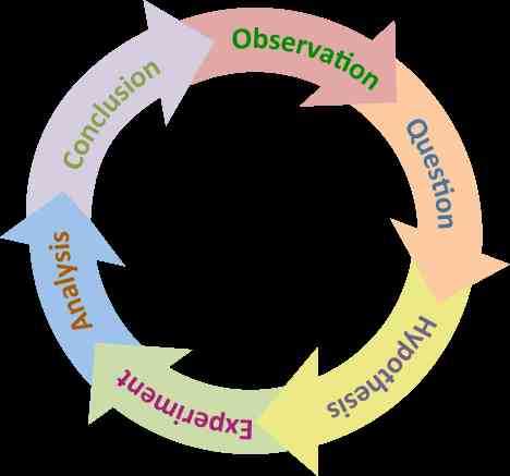 Cycle of the scientific method: Observation, Question, Hypothesis, Experiment, Analysis, Conclusion