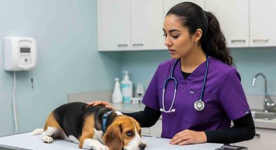Veterinary technician observing a dog for clinical reasoning