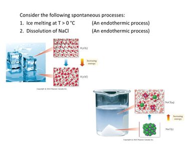 Ice melting and NaCl dissolution as spontaneous processes