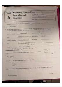 Worksheet with chemical formulae and reactions