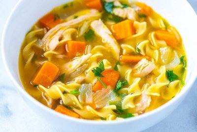 Bowl of chicken noodle soup as an example of a heterogeneous mixture