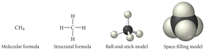 Methane: molecular, structural, ball-and-stick, and space-filling models