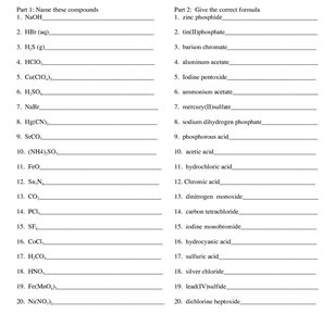 Worksheet with chemical names and formulas