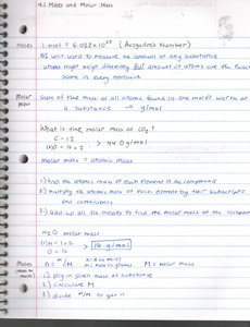 Handwritten notes on moles and molar mass