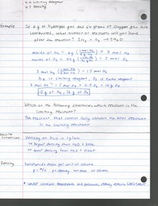 Handwritten notes on limiting reagent and example calculations