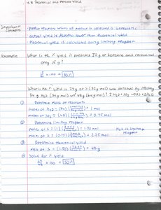 Handwritten notes on theoretical and percent yield