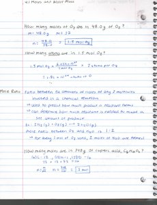 Handwritten notes on mole calculations and mole ratios