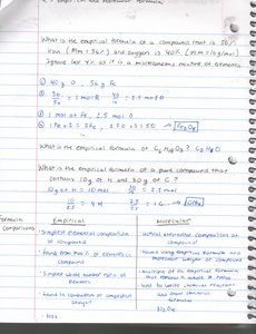 Handwritten notes on empirical formula calculations and comparison table