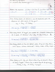 Handwritten notes on balancing equations and stoichiometry