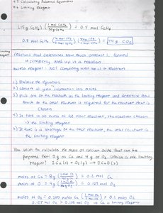 Handwritten notes on stoichiometry and limiting reagents