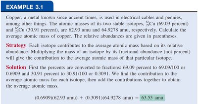 Example calculation of average atomic mass for copper