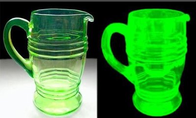 Depression glass under visible and UV light showing fluorescence