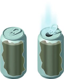 Soda fizz: CO2 pressure released, CO2 bubbles out