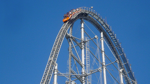 A rollercoaster at the top of a hill, illustrating potential and kinetic energy