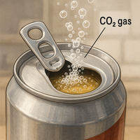 CO2 gas escaping from a soda can, illustrating pressure effects on gas solubility