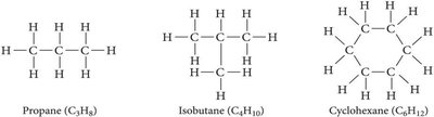 Structural formulas of propane, isobutane, and cyclohexane
