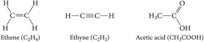 Structural formulas of ethene, ethyne, and acetic acid