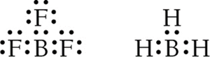 Lewis structures for BF3 and BH3 showing incomplete octets