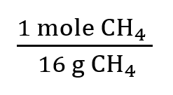 Conversion factor: 1 mole CH4 / 16 g CH4