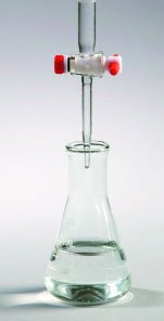 A burette delivering titrant into an Erlenmeyer flask containing sample solution