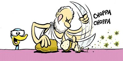 Cartoon of Democritus chopping matter into atoms