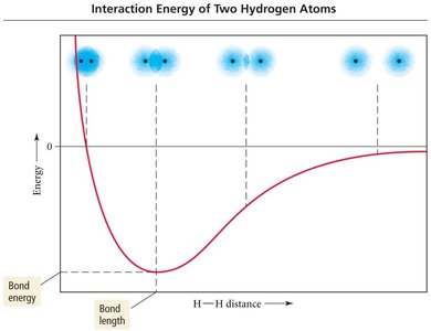 Potential energy curve for two hydrogen atoms showing bond length and bond energy