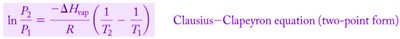 Clausius-Clapeyron equation (two-point form)