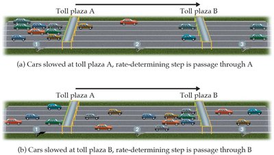 Toll plaza analogy for rate-determining step