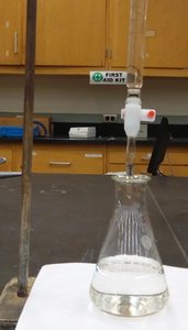 Photo of a titration setup in a laboratory