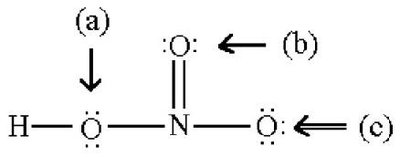 Lewis structure of HNO3 with labeled oxygens (a, b, c)