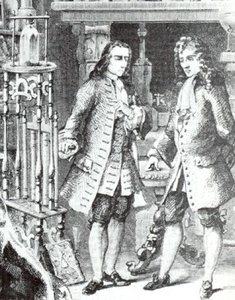 Historical chemists in a laboratory