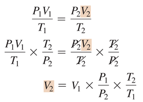 Combined gas law equation rearrangement for V2